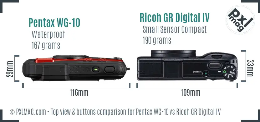 Pentax WG-10 vs Ricoh GR Digital IV top view buttons comparison