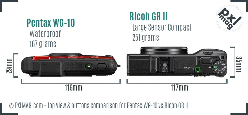 Pentax WG-10 vs Ricoh GR II top view buttons comparison