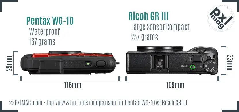 Pentax WG-10 vs Ricoh GR III top view buttons comparison