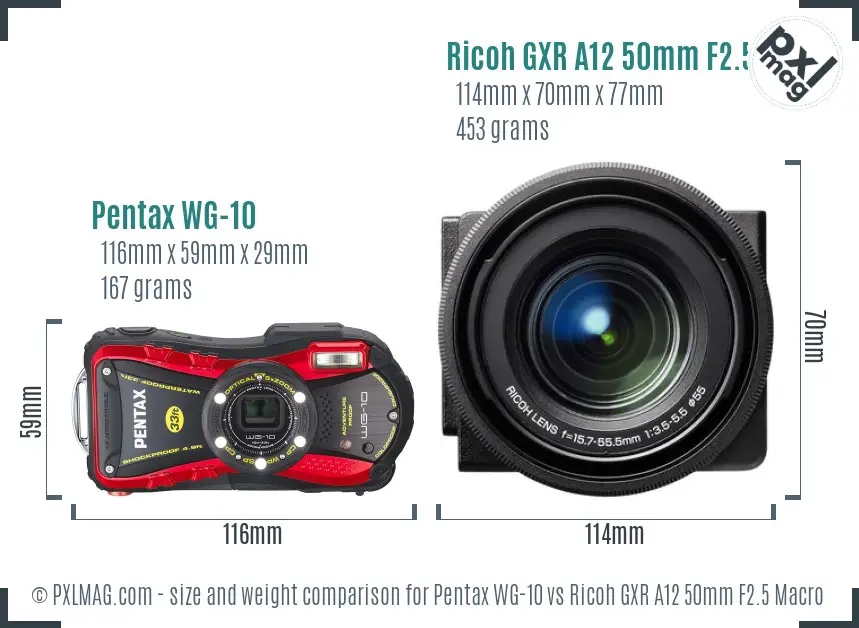 Pentax WG-10 vs Ricoh GXR A12 50mm F2.5 Macro size comparison