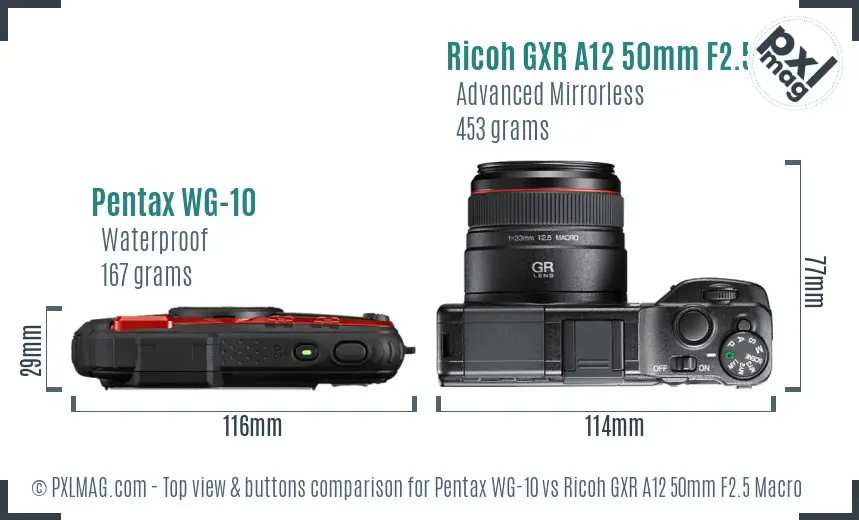 Pentax WG-10 vs Ricoh GXR A12 50mm F2.5 Macro top view buttons comparison
