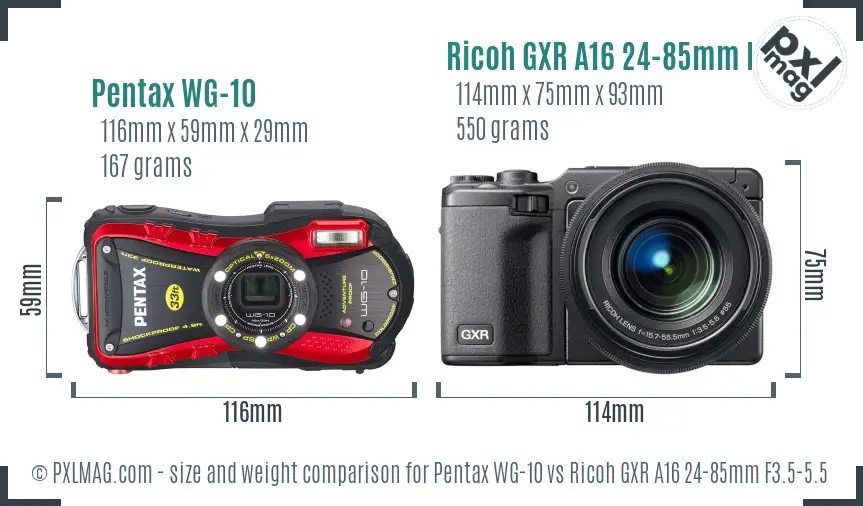 Pentax WG-10 vs Ricoh GXR A16 24-85mm F3.5-5.5 size comparison