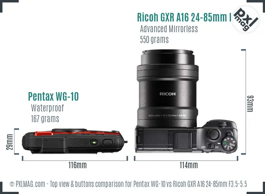 Pentax WG-10 vs Ricoh GXR A16 24-85mm F3.5-5.5 top view buttons comparison