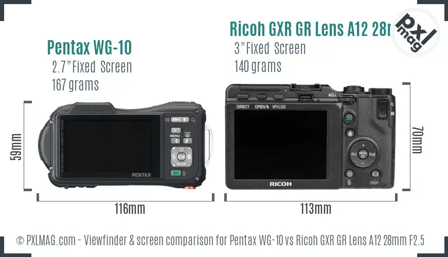 Pentax WG-10 vs Ricoh GXR GR Lens A12 28mm F2.5 Screen and Viewfinder comparison