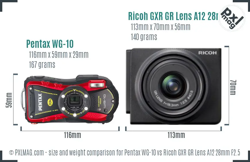 Pentax WG-10 vs Ricoh GXR GR Lens A12 28mm F2.5 size comparison