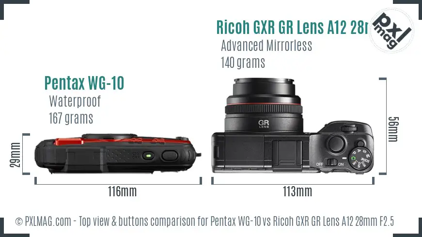 Pentax WG-10 vs Ricoh GXR GR Lens A12 28mm F2.5 top view buttons comparison