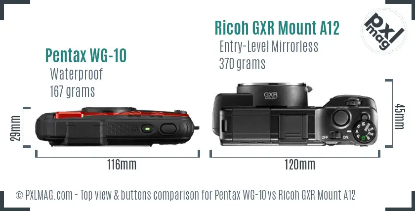 Pentax WG-10 vs Ricoh GXR Mount A12 top view buttons comparison
