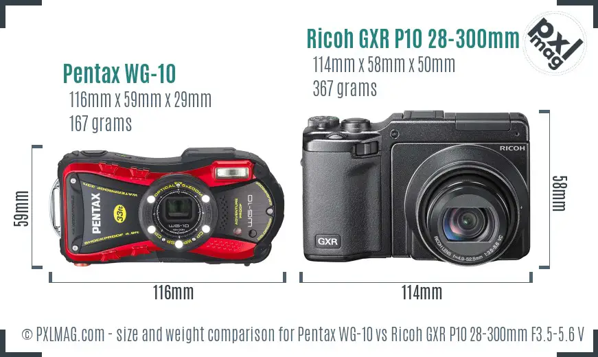 Pentax WG-10 vs Ricoh GXR P10 28-300mm F3.5-5.6 VC size comparison