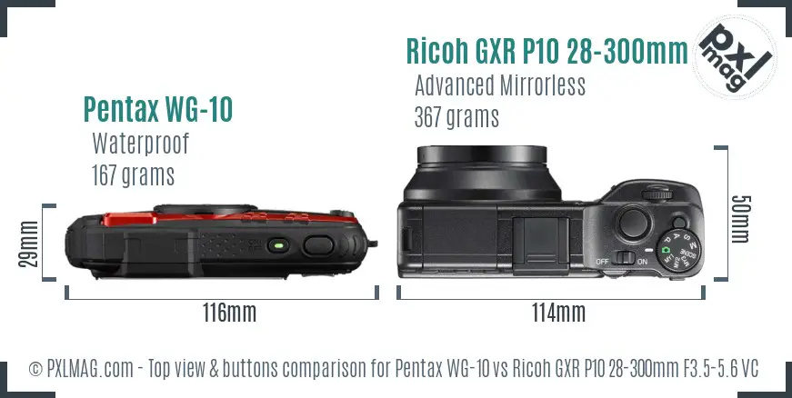Pentax WG-10 vs Ricoh GXR P10 28-300mm F3.5-5.6 VC top view buttons comparison