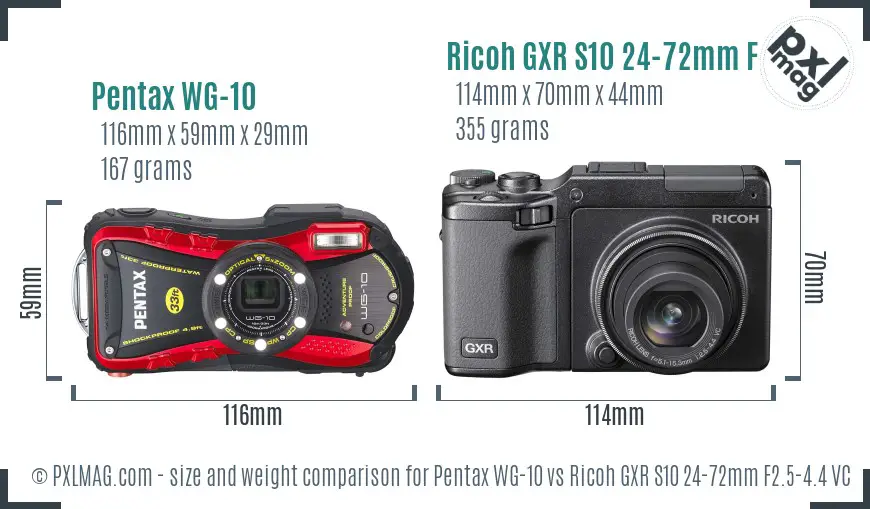 Pentax WG-10 vs Ricoh GXR S10 24-72mm F2.5-4.4 VC size comparison