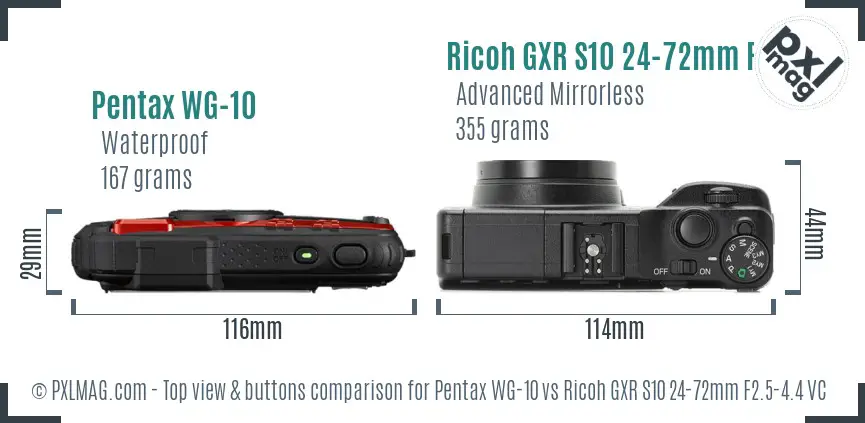 Pentax WG-10 vs Ricoh GXR S10 24-72mm F2.5-4.4 VC top view buttons comparison