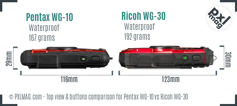 Pentax WG-10 vs Ricoh WG-30 top view buttons comparison