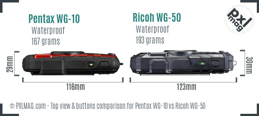 Pentax WG-10 vs Ricoh WG-50 top view buttons comparison