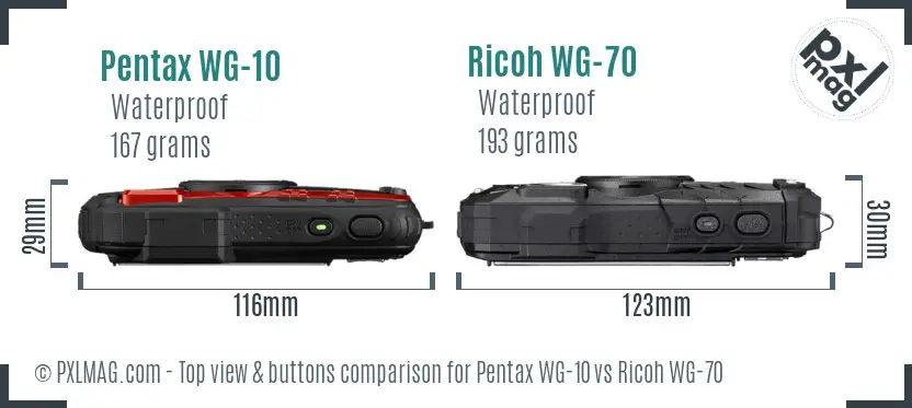 Pentax WG-10 vs Ricoh WG-70 top view buttons comparison