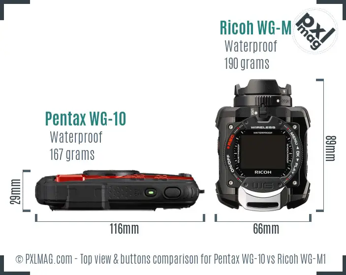 Pentax WG-10 vs Ricoh WG-M1 top view buttons comparison