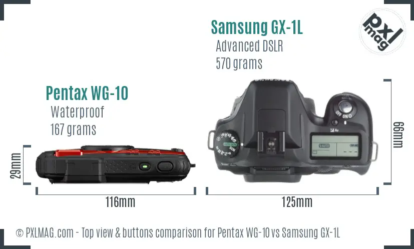 Pentax WG-10 vs Samsung GX-1L top view buttons comparison