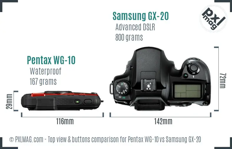 Pentax WG-10 vs Samsung GX-20 top view buttons comparison