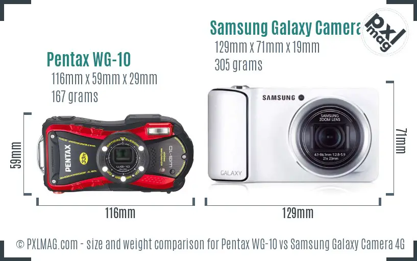 Pentax WG-10 vs Samsung Galaxy Camera 4G size comparison