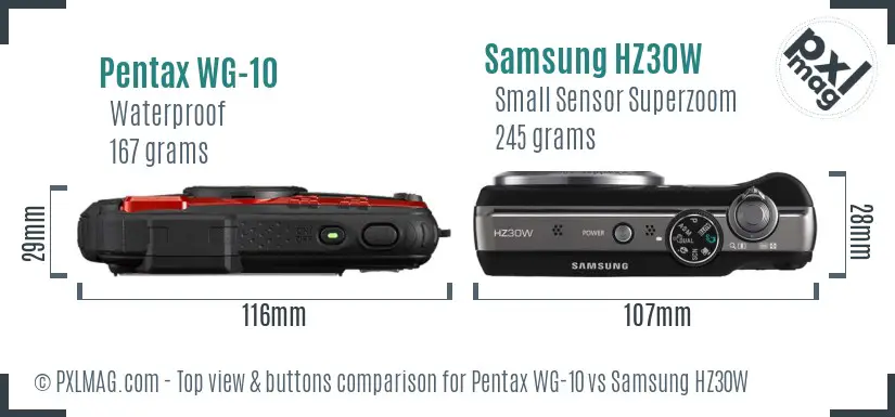 Pentax WG-10 vs Samsung HZ30W top view buttons comparison