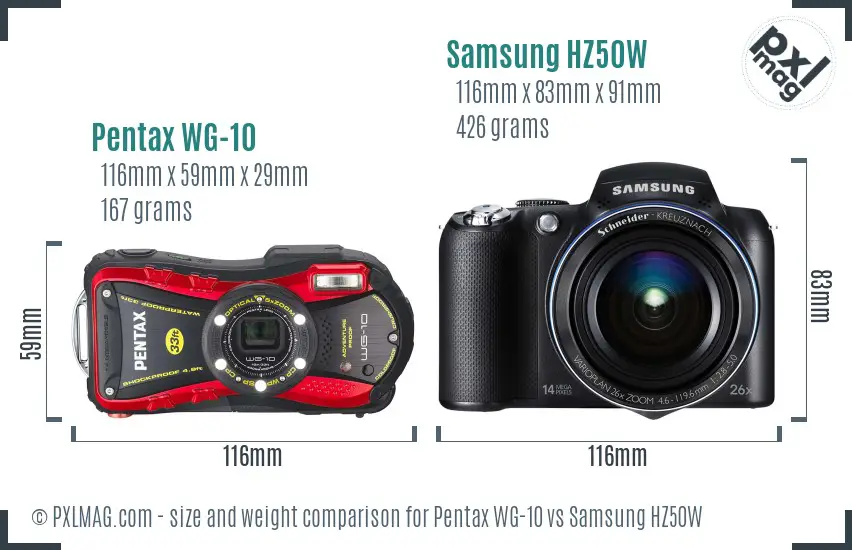 Pentax WG-10 vs Samsung HZ50W size comparison