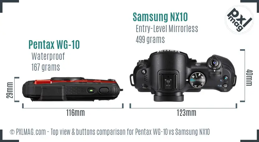 Pentax WG-10 vs Samsung NX10 top view buttons comparison