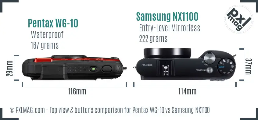 Pentax WG-10 vs Samsung NX1100 top view buttons comparison