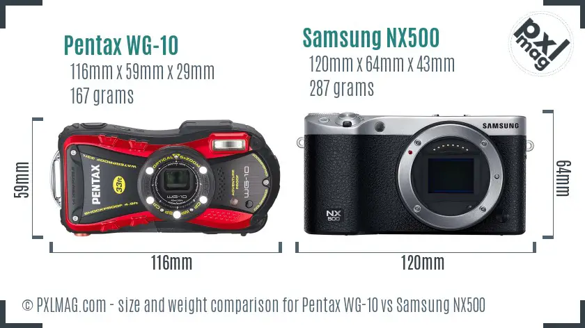 Pentax WG-10 vs Samsung NX500 size comparison