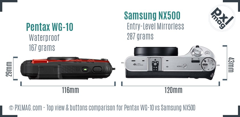 Pentax WG-10 vs Samsung NX500 top view buttons comparison