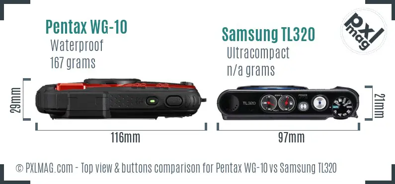 Pentax WG-10 vs Samsung TL320 top view buttons comparison Pentax WG-10 vs Samsung TL320 top view buttons comparison