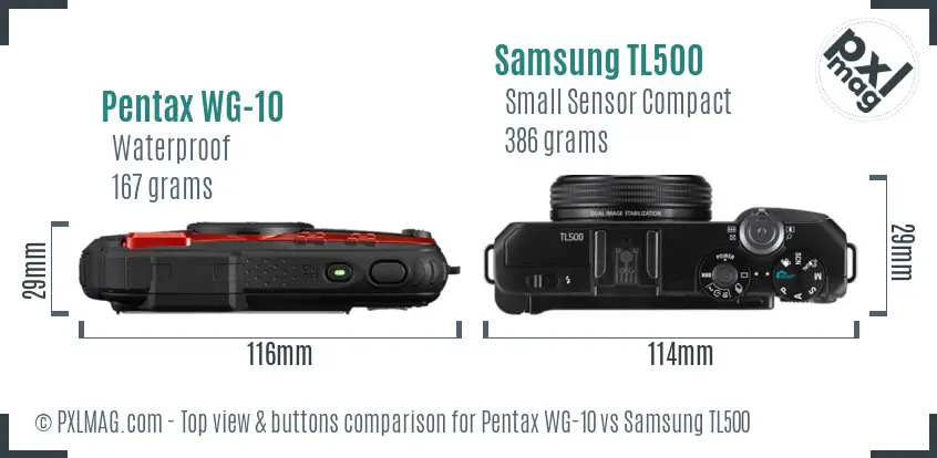 Pentax WG-10 vs Samsung TL500 top view buttons comparison