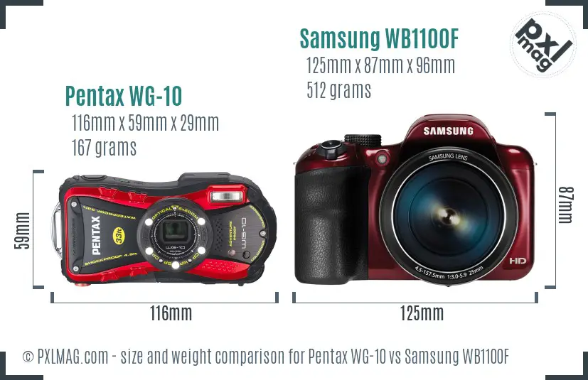 Pentax WG-10 vs Samsung WB1100F size comparison