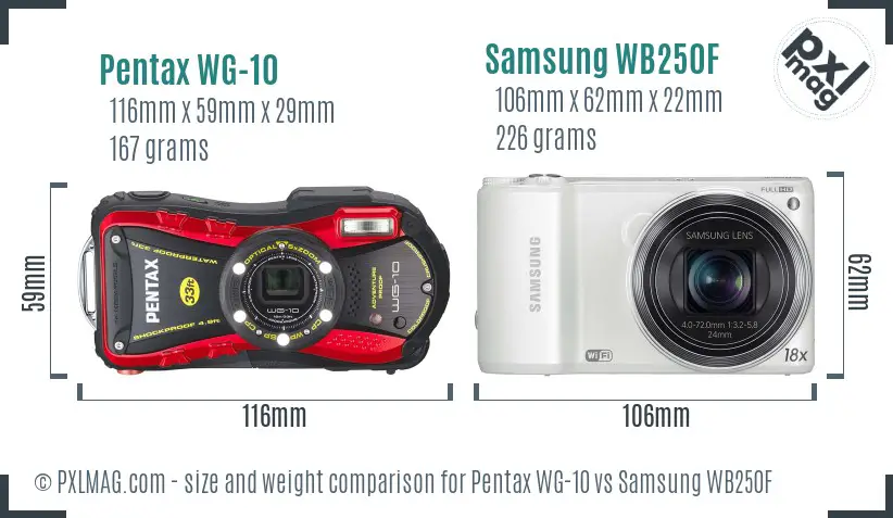 Pentax WG-10 vs Samsung WB250F size comparison