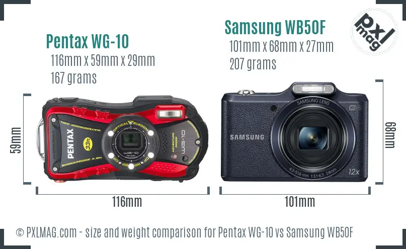Pentax WG-10 vs Samsung WB50F size comparison