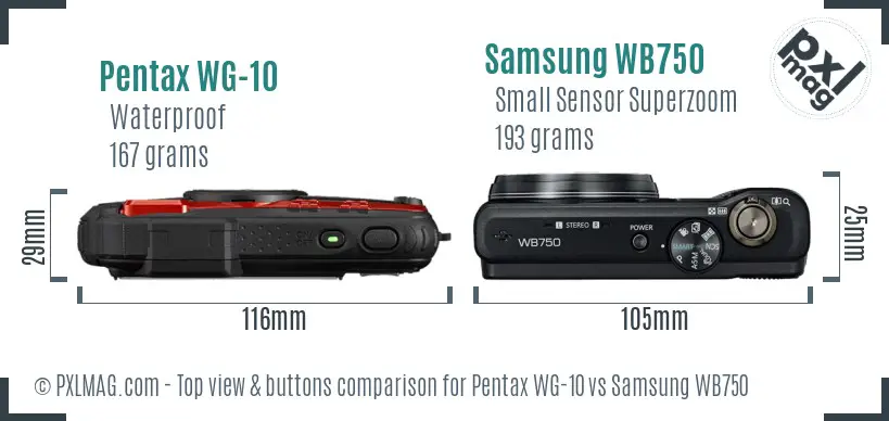 Pentax WG-10 vs Samsung WB750 top view buttons comparison