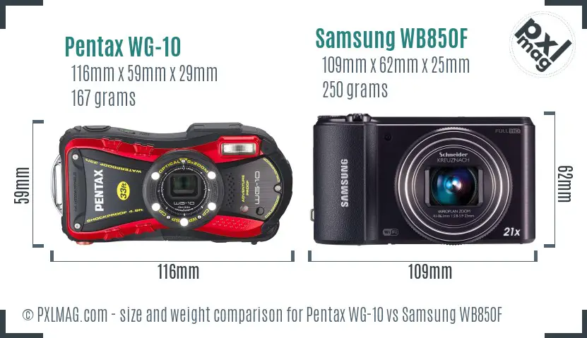 Pentax WG-10 vs Samsung WB850F size comparison