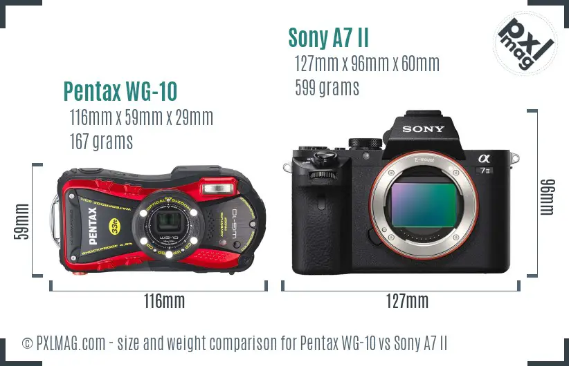 Pentax WG-10 vs Sony A7 II size comparison
