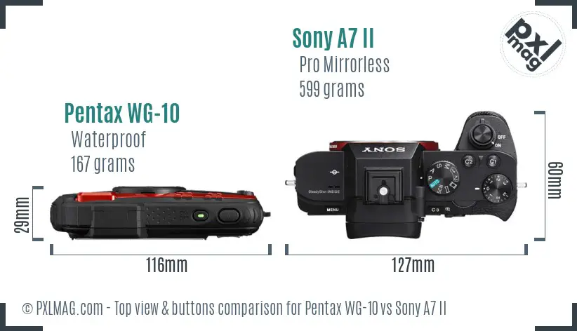 Pentax WG-10 vs Sony A7 II top view buttons comparison