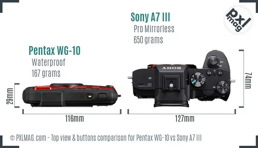 Pentax WG-10 vs Sony A7 III top view buttons comparison