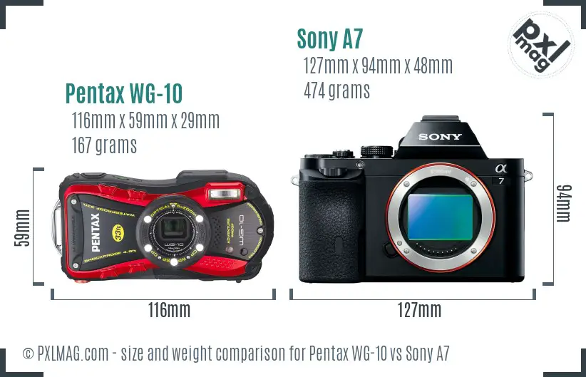 Pentax WG-10 vs Sony A7 size comparison