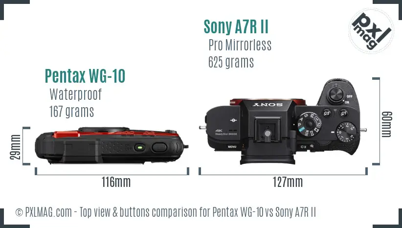 Pentax WG-10 vs Sony A7R II top view buttons comparison