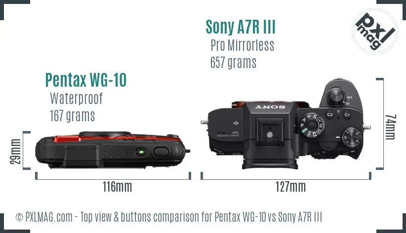 Pentax WG-10 vs Sony A7R III top view buttons comparison