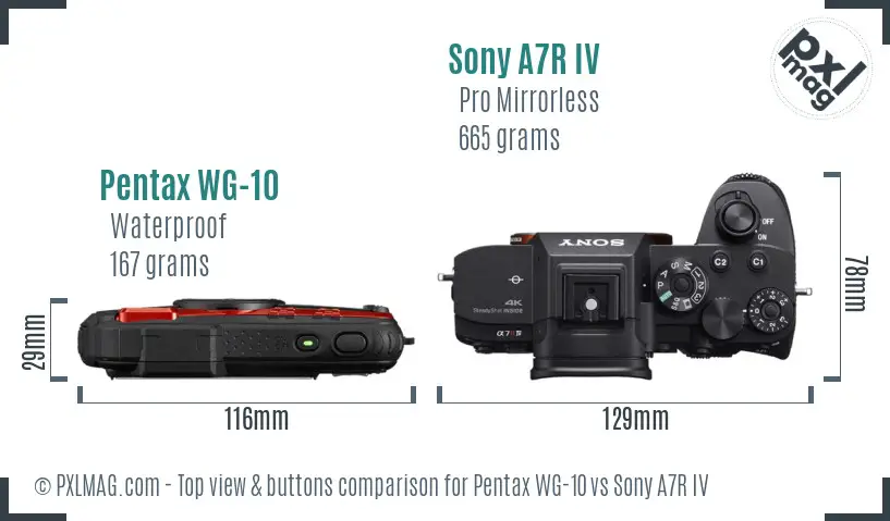 Pentax WG-10 vs Sony A7R IV top view buttons comparison