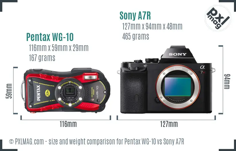 Pentax WG-10 vs Sony A7R size comparison