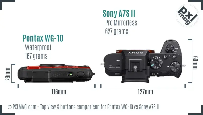 Pentax WG-10 vs Sony A7S II top view buttons comparison