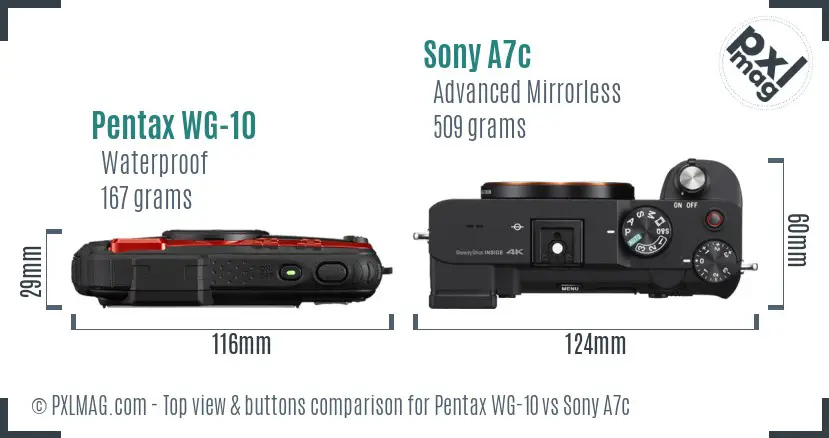 Pentax WG-10 vs Sony A7c top view buttons comparison Pentax WG-10 vs Sony A7c top view buttons comparison