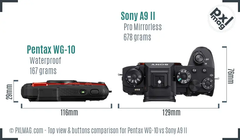 Pentax WG-10 vs Sony A9 II top view buttons comparison