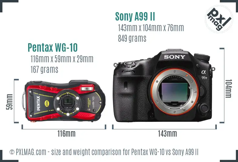 Pentax WG-10 vs Sony A99 II size comparison