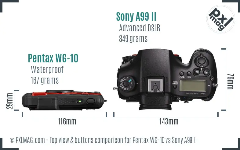 Pentax WG-10 vs Sony A99 II top view buttons comparison