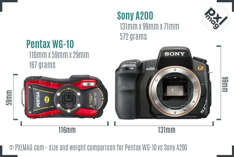 Pentax WG-10 vs Sony A200 size comparison