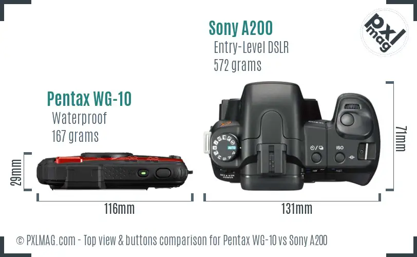 Pentax WG-10 vs Sony A200 top view buttons comparison